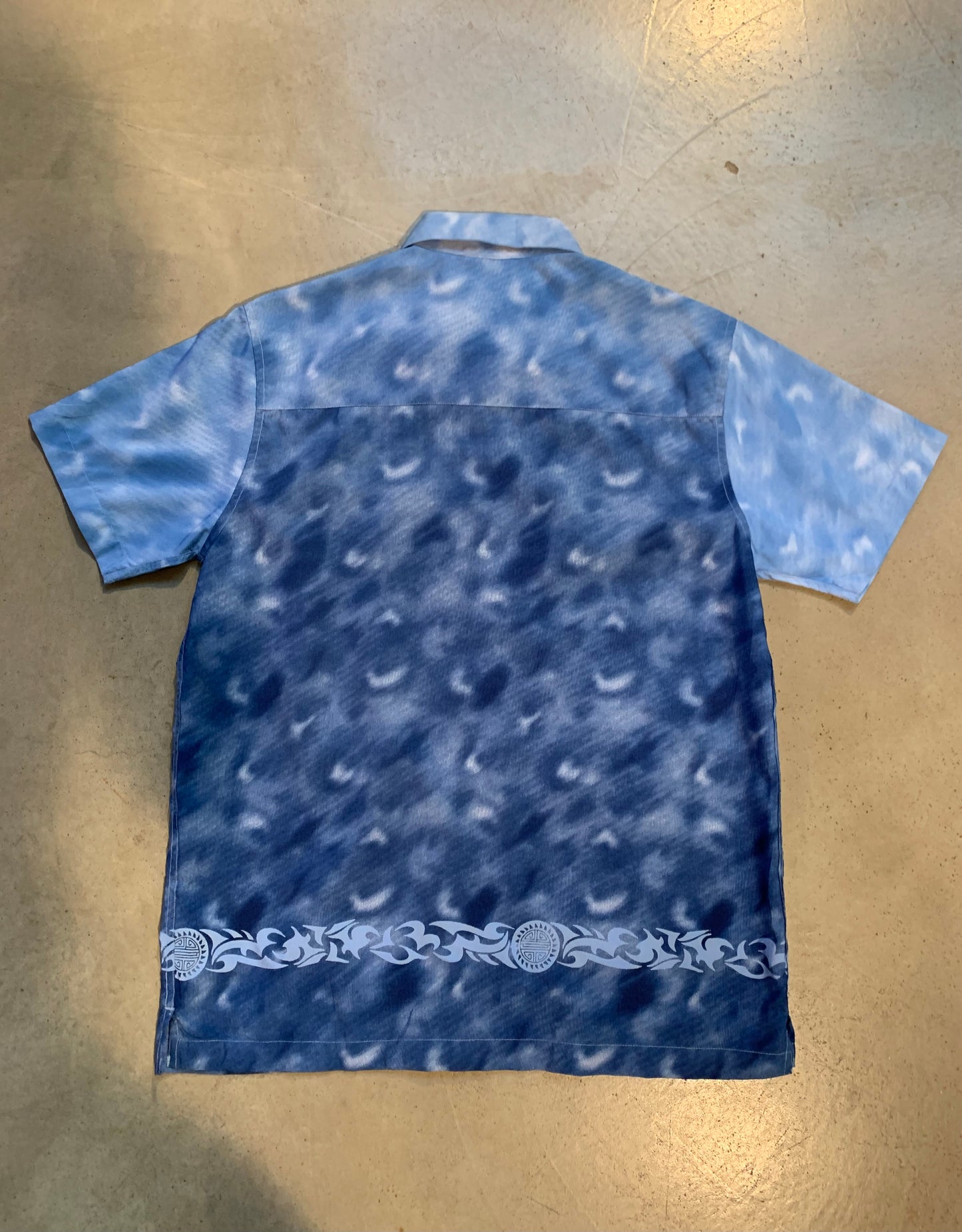 Y2K “Subs Cribe” Blue Pattern Button-Up Shirt