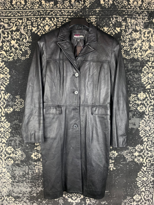Women's Vintage Long Black Leather Coat