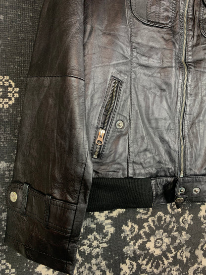 Black Moto-Style Leather Jacket with Zip Pockets