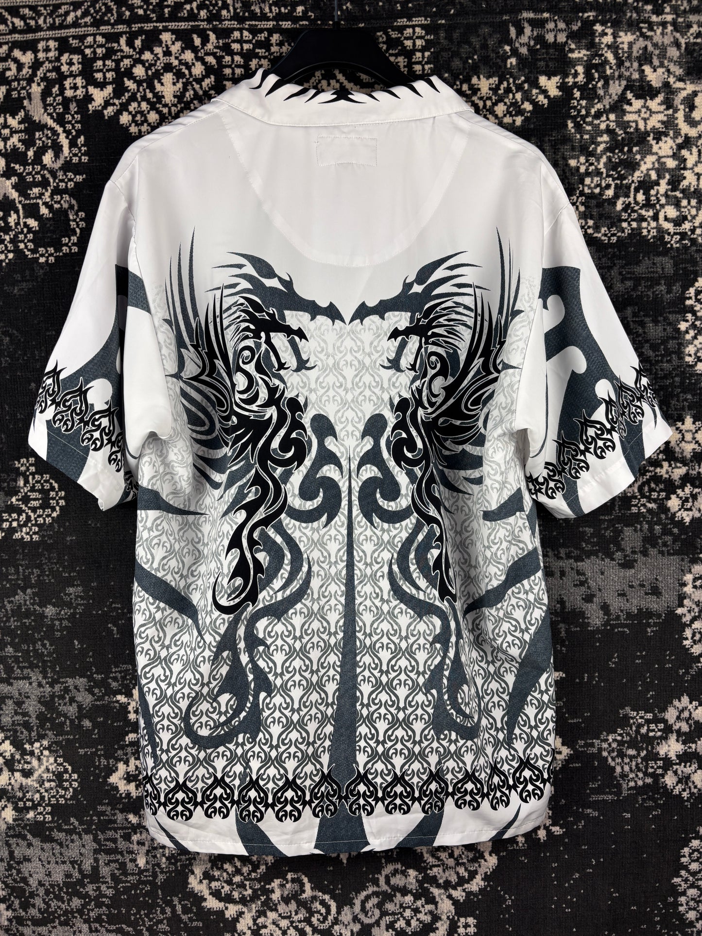 Men's Y2K Dragonfly Tribal White Shortsleeve Buttonup