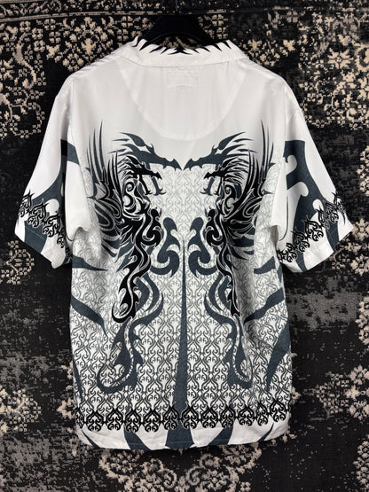 Men's Y2K Dragonfly Tribal White Shortsleeve Buttonup
