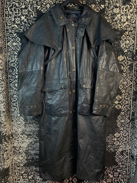 Mens Vintage Genuine Black Leather Long Coat