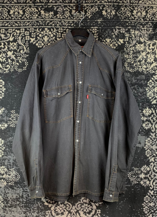 Mens Vintage Levi’s Grey Denim Western Snap Button Up Shirt