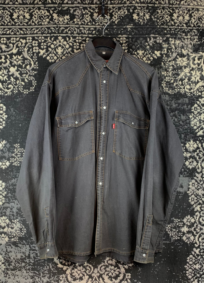 Mens Vintage Levi’s Grey Denim Western Snap Button Up Shirt