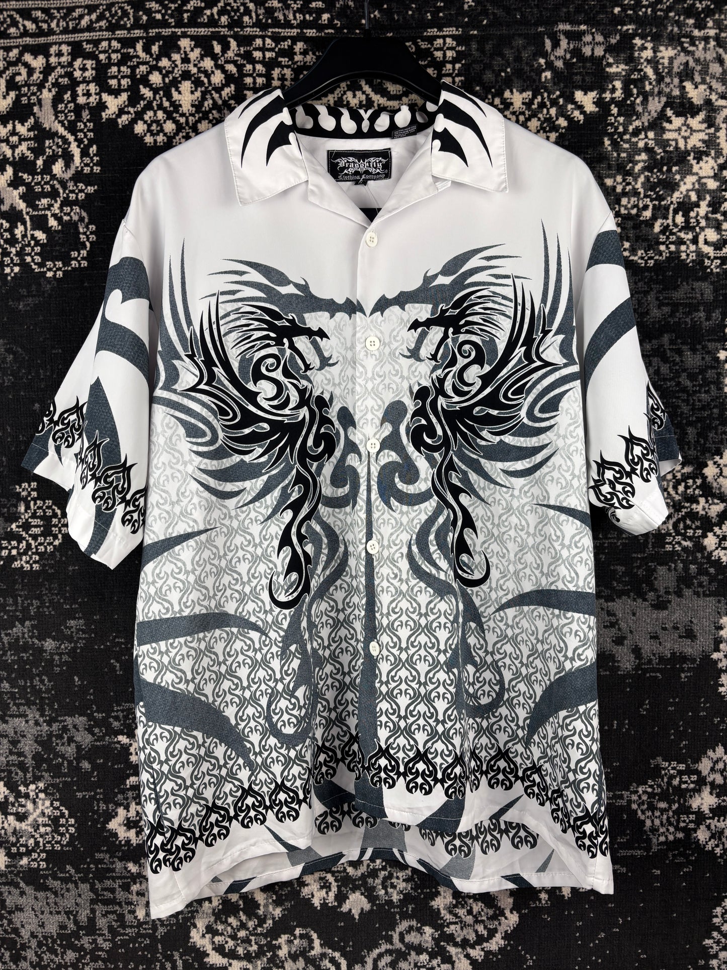 Men's Y2K Dragonfly Tribal White Shortsleeve Buttonup