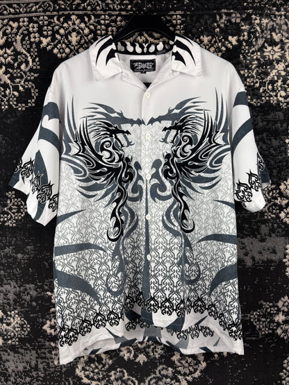 Men's Y2K Dragonfly Tribal White Shortsleeve Buttonup