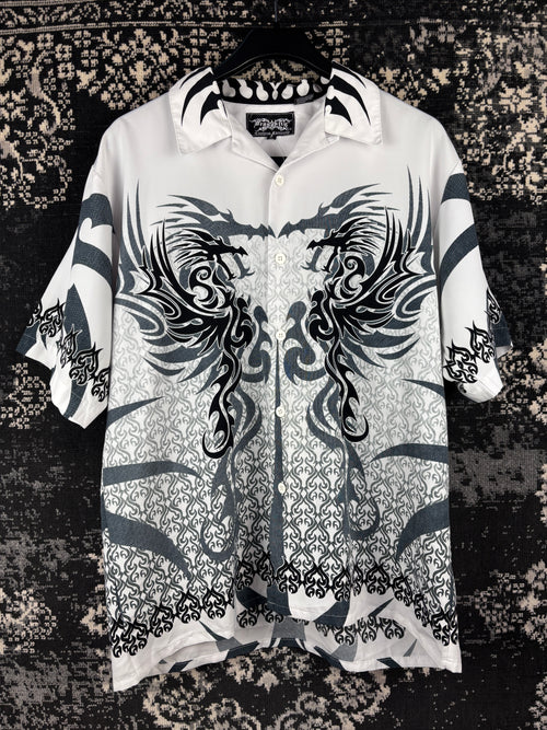 Men's Y2K Dragonfly Tribal White Shortsleeve Buttonup