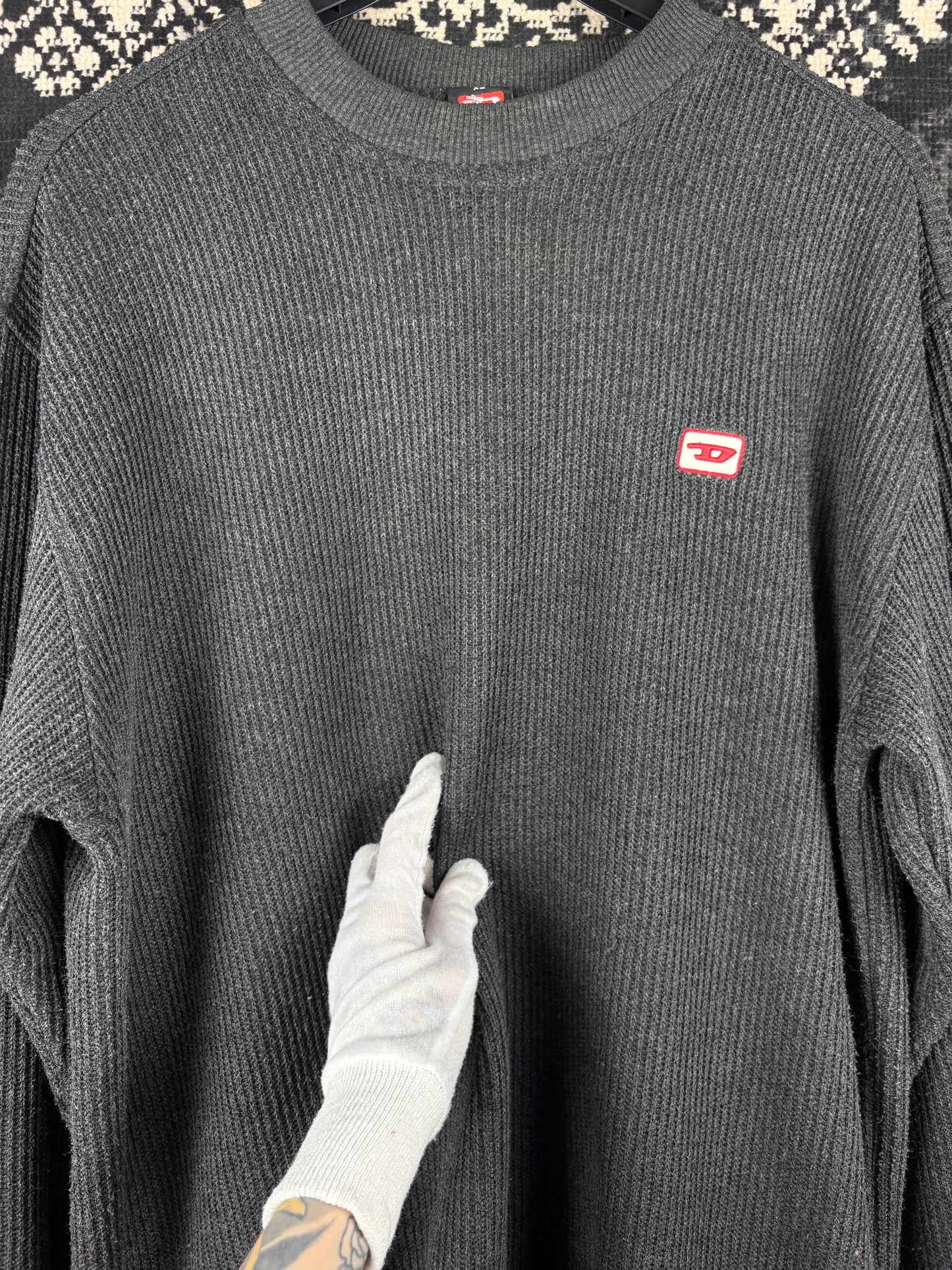 Mens Y2K Diesel Dark Grey Ribbed Knit Sweater