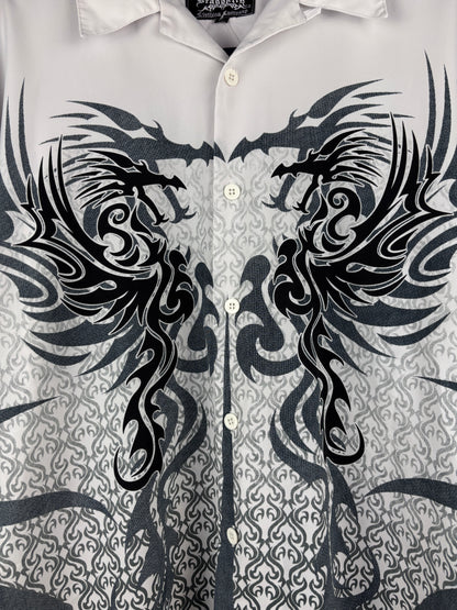 Men's Y2K Dragonfly Tribal White Shortsleeve Buttonup