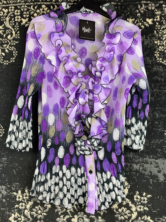 Retro Funky Ruffle Blouse – Purple Pleated Polka Dot Print