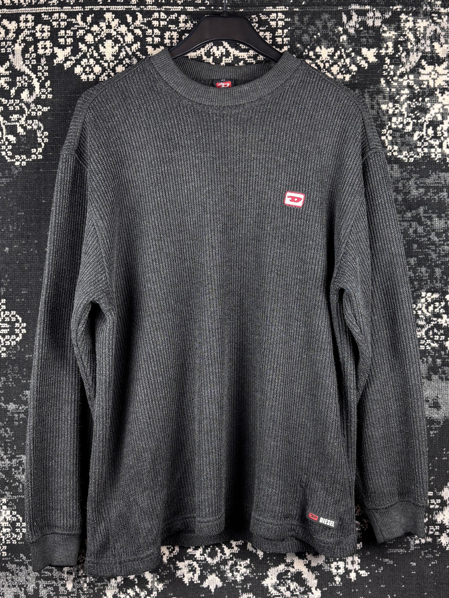Mens Y2K Diesel Dark Grey Ribbed Knit Sweater