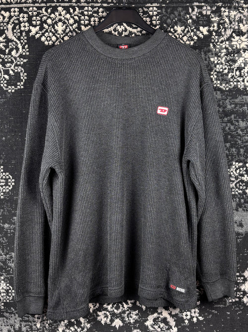 Mens Y2K Diesel Dark Grey Ribbed Knit Sweater