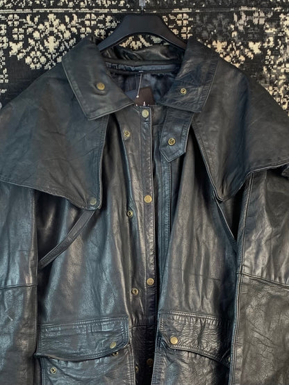 Mens Vintage Genuine Black Leather Long Coat